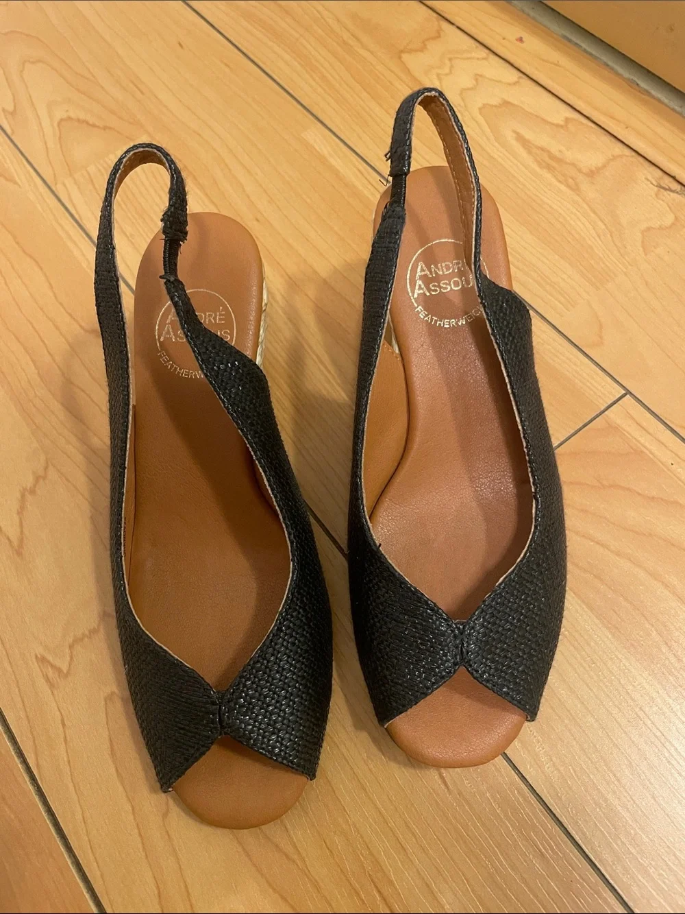 Andre Assous Black Textured Peep-Toe Slingback Wedges